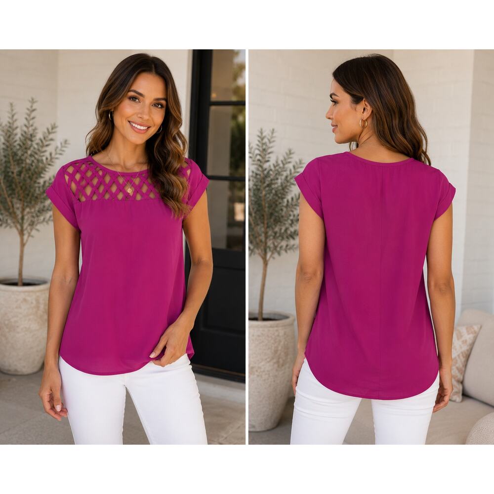 Express Magenta Lattice Neck Blouse – Size XS